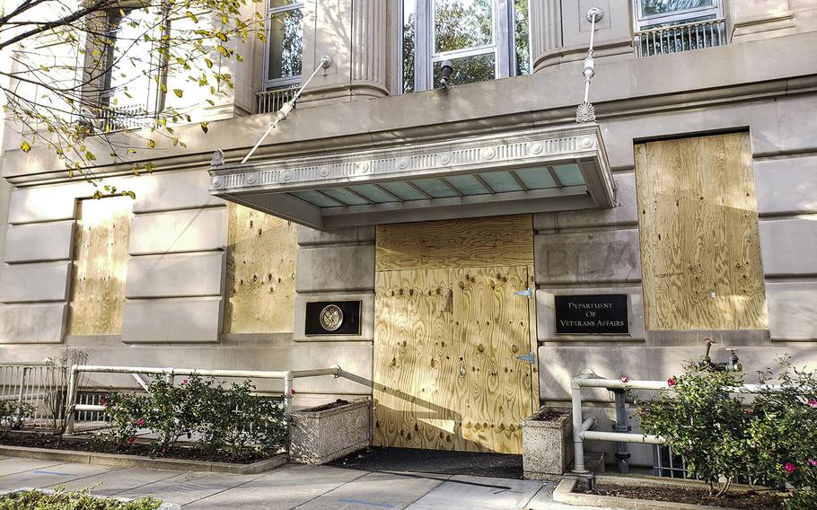 The Department of Veterans Affairs headquarters building in Washington, D.C. is boarded up on Nov. 3, 2020, as protection against any unrest resulting from the election.