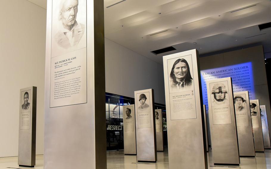 The National Museum of the United States Army features 41 stainless steel pylons that provide information about individual soldiers in the museum's Soldiers' Story Gallery which extends from outside its front doors, leading into the its main exhibits. 