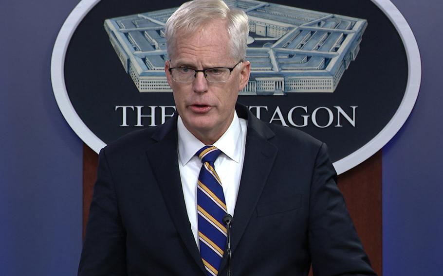 In this screenshot taken from a Department of Defense video, Acting Defense Secretary Christopher Miller speaks at the Pentagon on Nov. 17, 2020.