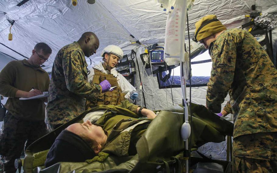 U.S. Marines and sailors with the 2nd Marine Expeditionary Brigade conduct notional medical care on a simulated Norwegian soldier casualty during combat casualty care training in Rena, Norway, Feb. 17, 2016. Two veterans have filed a lawsuit against the Navy for not assigning accurate disability ratings and costing them benefits in a case that could affect thousands of sailors and Marines.