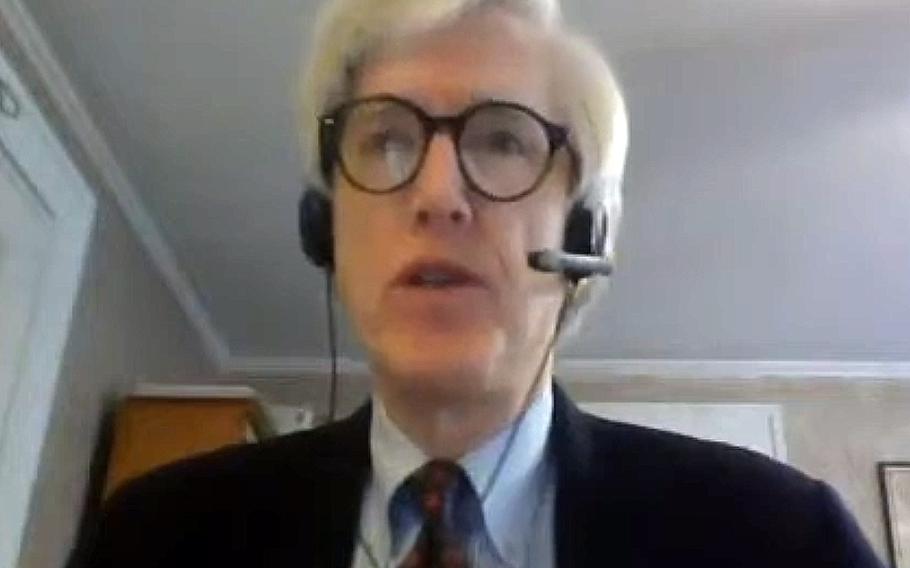 In an image taken from a video, Dr. Stephen Biddle testifies at a House Armed Services Committee hearing, Friday, Nov. 20, 2020.