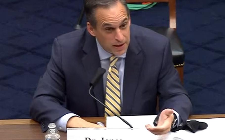 In an image taken from a video, Dr. Seth G. Jones testifies at a House Armed Services Committee hearing on Friday, Nov. 20, 2020.