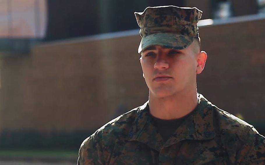 Marine Cpl. Denny Bohne, shown here in a video screenshot, was one of the Marines at the Corps' historic barracks in Washington, D.C., who helped lift a car off a woman after an accident on Nov. 7, 2020.