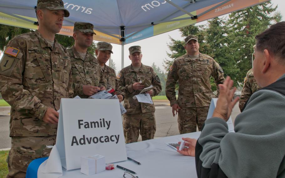 Bob Steger, a program specialist at Joint Base Lewis-McChord, Wash., talks to soldiers about family advocacy classes. On Thursday, Sens. John Cornyn, R-Texas, and Kyrsten Sinema, D-Ariz., introduced the Military Domestic Violence Prevention Act, a bill that takes aim at improving the Defense Department’s Family Advocacy Program through better resourcing, sharing more information about its services with families and enhancing coordination between the military service branches. 