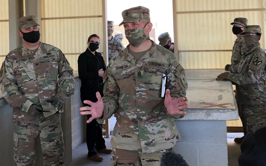 Sgt. Maj. of the Army Michael Grinston, the service’s top enlisted soldier, discusses the future of large-scale training rotations while taking precautionary health protection measures at the National Training Center at Fort Irwin, Calif., on May 13, 2020.