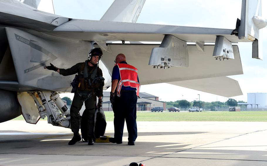 An F/A-18E Super Hornet pilot prepares for flying at Joint Base San Antonio-Lackland, Texas, in 2017. The Super Hornet fleet failed to meet target goals for mission capability readiness from 2011 to 2019, a Government Accountability Office report in November 2020 said.