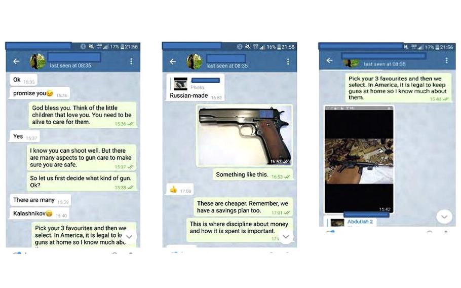 Screenshots of encrypted messages included in a criminal complaint against New Jersey woman Maria Bell, 53, show a conversation federal prosecutors say occurred between the U.S. Army veteran and a militant believed to be Abdullah Flayes. Bell tells him to make a list of his three favorite weapons so they can select one, the complaint says, and she indicated later that she would help pay for the firearm.
