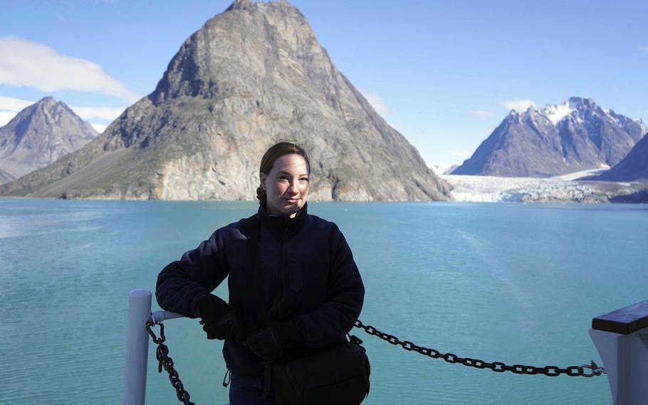 Seaman Kate Kilroy stands aboard the USCGC Campbell off Greenland, Aug. 15, 2020. Kilroy served as a public affairs specialist covering Arctic operations. 

