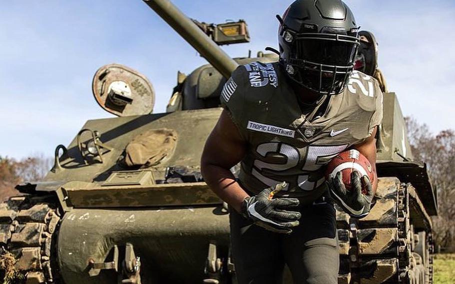 The 25th Infantry Division’s Wolfhounds, whose soldiers defended a foothold on a Korean peninsula in 1950, are the inspiration for the Army’s football uniforms for this year’s Army-Navy game at West Point.