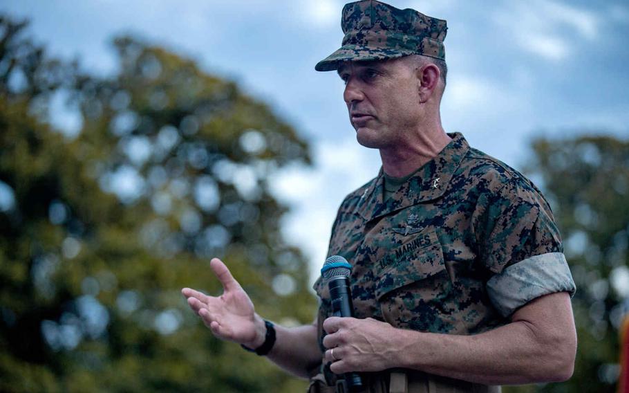 Maj. Gen. Francis L. Donovan, 2nd Marine Division commander, after a change of command ceremony on Camp Lejeune, N. C., Aug. 6, 2020. The 2nd Marine Division has started randomly testing troops for LSD after a series of drug-related incidents, officials said on Nov. 30, 2020.
