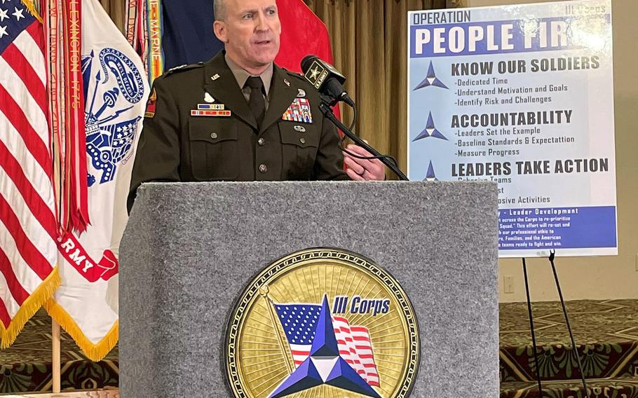 Lt. Gen. Pat White, commander of III Corps and Fort Hood, addresses the findings of an independent civilian-led report into the climate and culture of Fort Hood during a news conference Tuesday. White said he takes ownership of the findings and has already begun to take action to improve conditions for soldiers on the base.