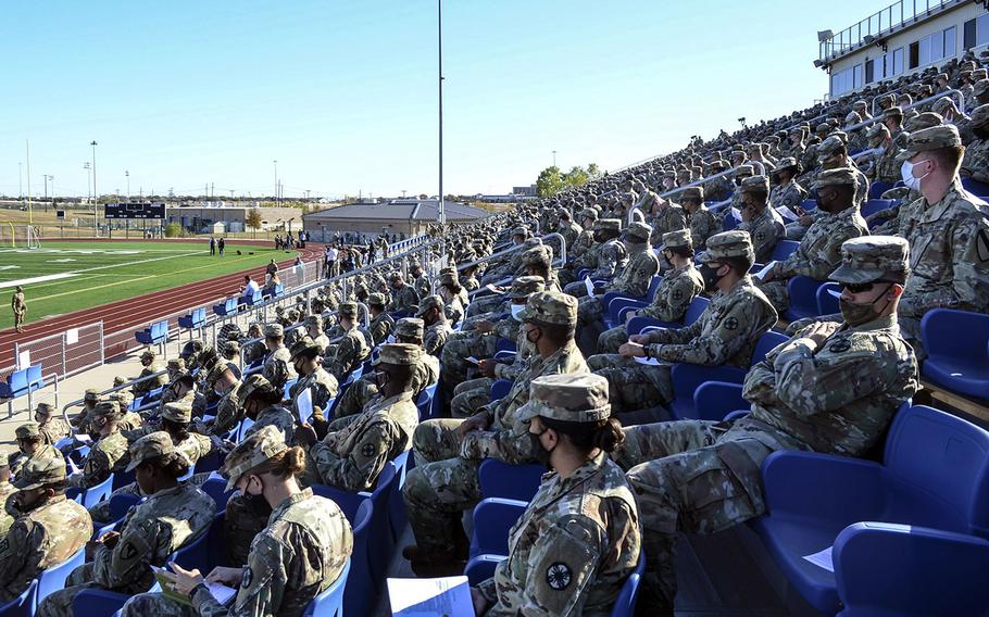 About 2,000 soldiers filled an outdoor stadium at Fort Hood, Texas, on Tuesday where Lt. Gen. Pat White, base commander, addressed a report that found Fort Hood has ineffectively implemented the Army's sexual assault response program, which has led to a lack of confidence and underreporting among junior enlisted soldiers. 