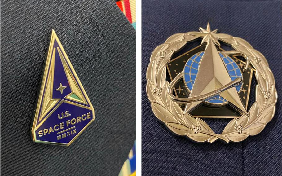 The Space Force lapel pin. left, and the service badge, right, will be how service members in the newest military branch distinguish themselves from airmen for now.