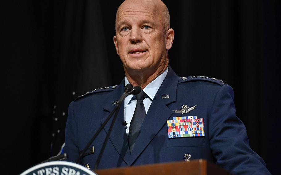 Chief of Space Operations Gen. John W. Raymond delivers remarks during a ceremony at the Pentagon transferring airmen into the U.S. Space Force on Sept. 15, 2020. About 300 Airmen at bases worldwide, including 22 in the audience, transferred during the ceremony.