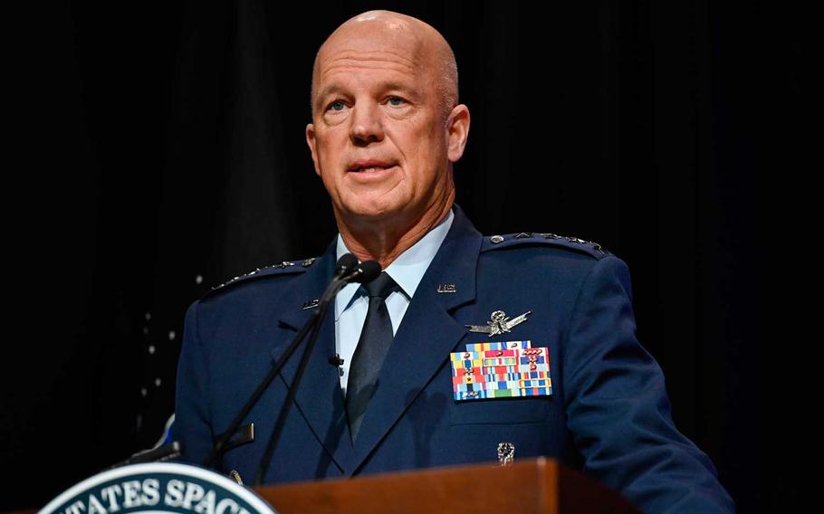Chief of Space Operations Gen. John W. Raymond delivers remarks during a ceremony at the Pentagon transferring airmen into the U.S. Space Force, Arlington, Va., Sept. 15, 2020. About 300 Airmen at bases worldwide, including 22 in the audience, transferred during the ceremony.