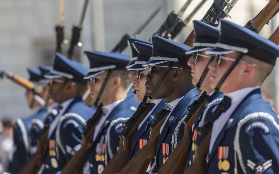 U.S. Air Force Honor Guard members execute drill movements April 23, 2018 at the Alamo in San Antonio, Texas. A four-month data analysis by the inspector general found disparities exist in the treatment of Black and white troops within the Air Force Department, Lt. Gen. Sami Said, the service IG chief, said Monday.