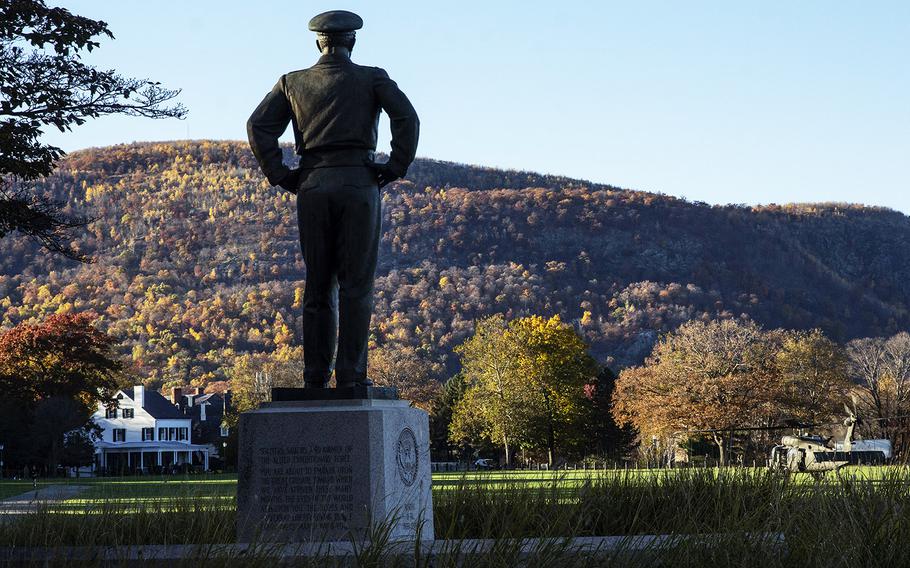 A statue of Gen. Dwight D. Eisenhower, Class of 1915, overlooks The Plain at the U.S. Military Academy in West Point, N.Y., in 2016.
