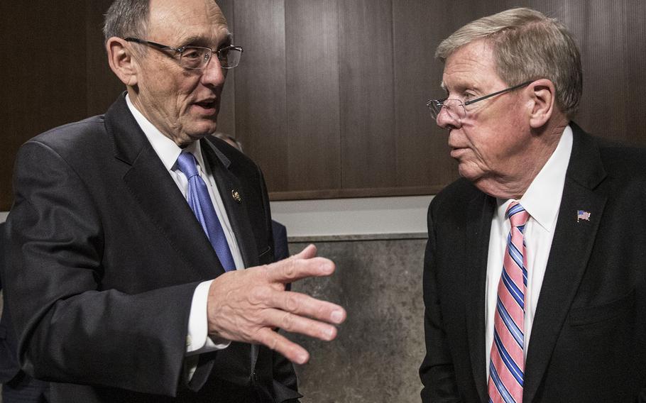 The Johnny Isakson and David P. Roe M.D. Veterans Health Care and Benefits Improvement Act of 2020” honors former Sen. Johnny Isakson, R-Ga., right, and just-retired Rep. Phil Roe, Tenn., left, seen here before a 2018 hearing.