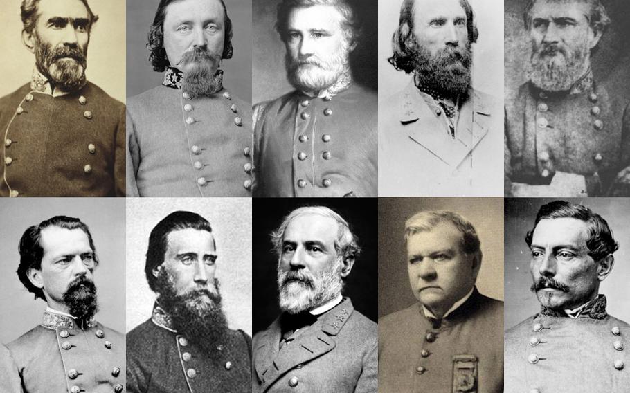 There are 10 U.S. Army posts named after men who were Confederate generals during the Civil War. Top row, from left: Braxton Bragg, George Edward Pickett, Henry Benning, A.P. Hill and Leonidas Polk. Bottom row, from left: John Brown Gordon, John Bell Hood, Robert E. Lee, Edmund Rucker and Pierre Gustave Toutant Beauregard.