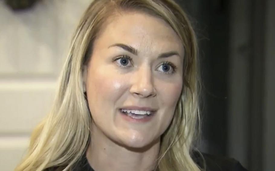 In this image taken from video provided by WRAL-TV, Capt. Emily Rainey speaks during an interview with WRAL-TV, in Southern Pines, N.C., in May 2020. The Army is investigating Rainey, a psychological operations officer, who led a group of people from North Carolina to the rally in Washington that led to the deadly riot in the U.S. Capitol by supporters of President Donald Trump.