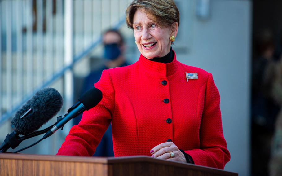 Secretary of the Air Force Barbara M. Barrett addresses basic military training graduates, Dec. 10, 2020, at Joint Base San Antonio-Lackland, Texas. Barrett will step down from her post effective Jan. 19, 2021, a day before President-elect Joe Biden’s inauguration. 

