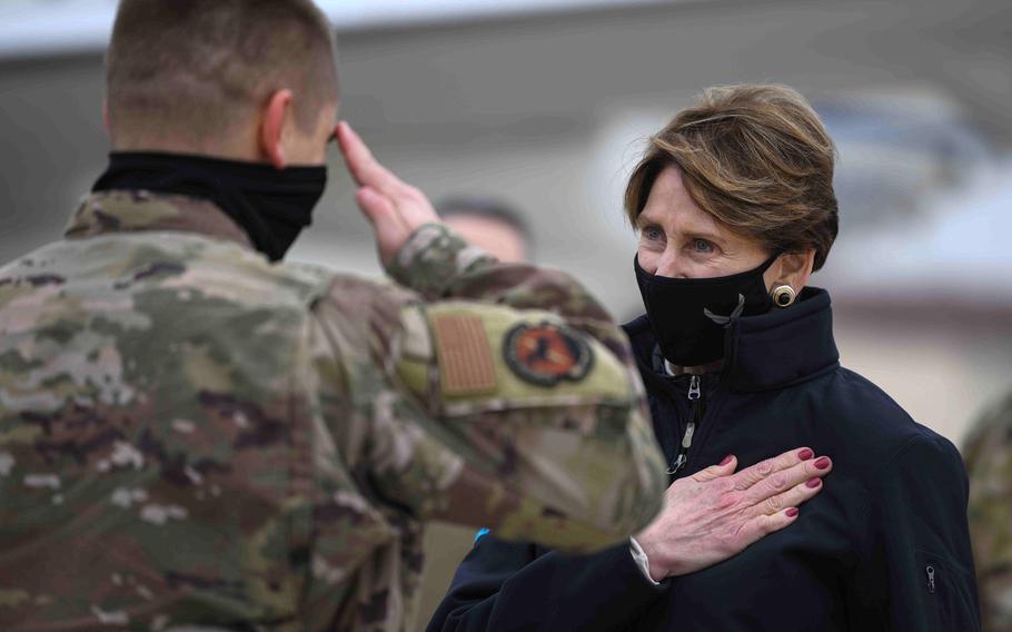 Secretary of the Air Force Barbara M. Barrett speaks to an Airman from the 31st Fighter Wing before she departs Aviano Air Base, Italy, Dec. 23, 2020. Barrett will step down from her post effective Jan. 19, 2021, a day before President-elect Joe Biden’s inauguration. 

