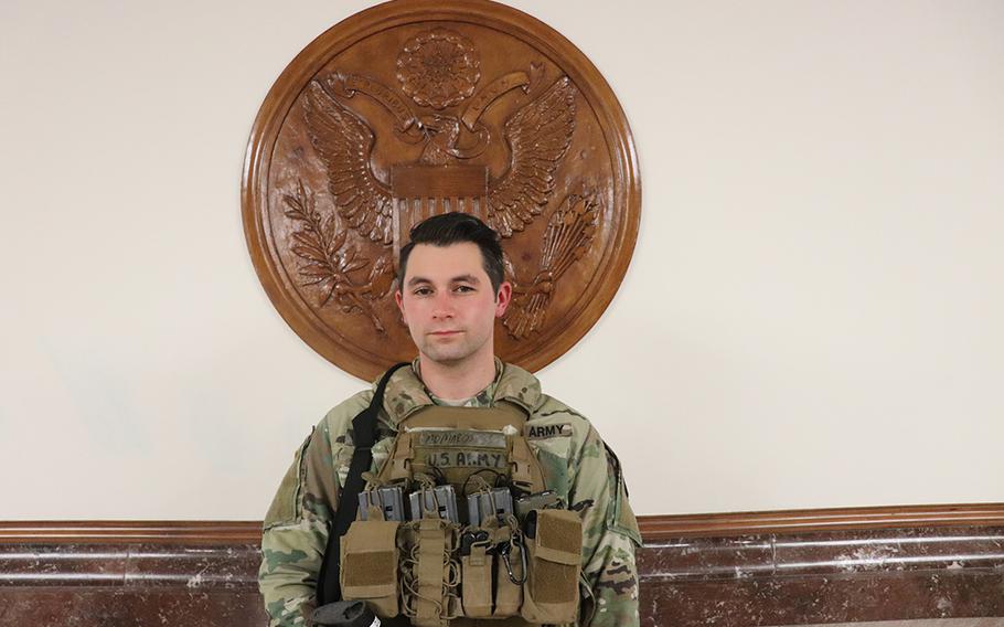 Spc. Ryan Marani, an infantryman with the Maryland National Guard, deployed to Washington following the riots at the U.S. Capitol on Jan. 6, 2021. The Defense Department has authorized up to 25,000 troops to secure the inauguration of President-elect Joe Biden. 