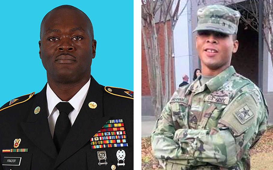 Sgt. 1st Class Dejaun K. Frazier, left, and Spc. Kenmaj D. Graham died in traffic accidents at Fort Bliss, Texas, over the weekend.