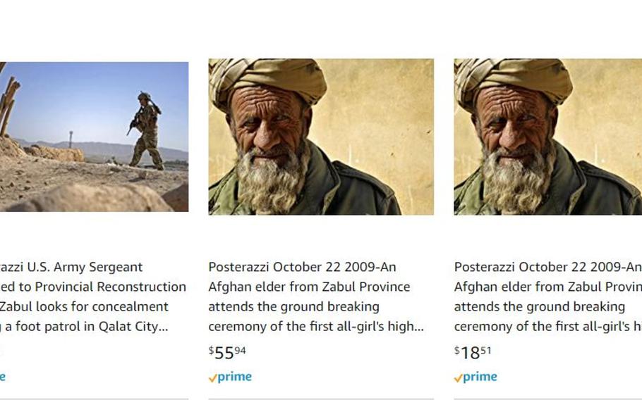 A screenshot from Amazon.com shows several posters for sale on Tuesday, Jan. 19, 2021, including one of an Afghan elder that can be found as a free download from the official U.S. military photo website DVIDShub.net.

