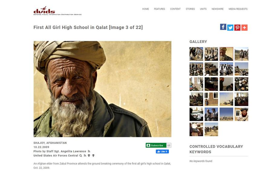 A screenshot from DVIDShub.net, the U.S. military's photo website, taken on Tuesday, Jan. 19, 2021, showing a photo of an Afghan elder that has been made available for sale on Amazon.com, and other sites that market military photos for sale as posters and prints.


