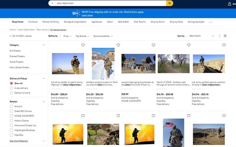 A screenshot of Walmart.com showing various military photos for sale as posters on Tuesday, Jan. 19, 2021.

