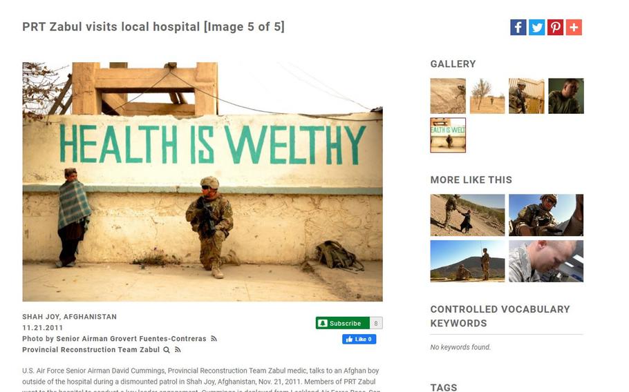 A screenshot of the U.S. military's official photo website, DVIDShub.net, showing a hospital in Shah Joy, Afghanistan. The photo is one of many free military photos being sold as posters or prints at various online sites.

