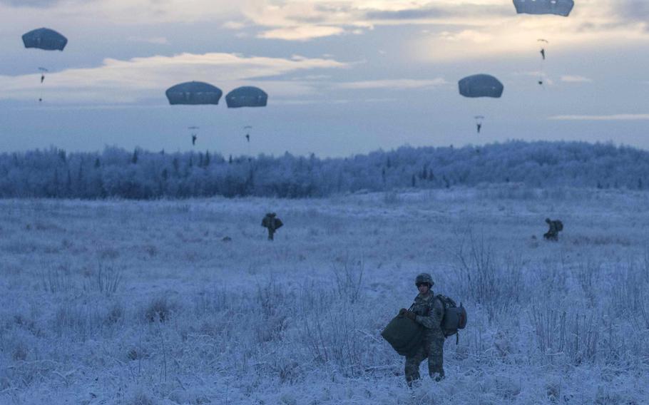 Paratroopers from the 25th Infantry Division exit a U.S. Army CH-47 Chinook at Joint Base Elmendorf-Richardson, Alaska in 2015. The Army wants to set up a new Arctic-focused brigade, Chief of Staff Gen. James C. McConville said this week.