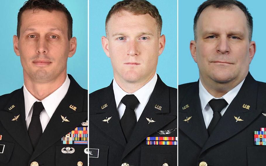 The three National Guard members killed when a helicopter crashed in Mendon, NY, on Wednesday, Jan. 20, 2021, are from left: Chief Warrant Officer 4 Christian Koch, 39, from Honeoye Falls, N.Y.; Chief Warrant Officer 2 Daniel Prial, 30, from Rochester, N.Y.; and Chief Warrant Officer 5 Steven Skoda, 54, from Rochester, N.Y.