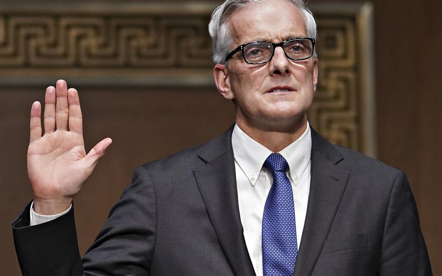 Secretary of Veterans Affairs nominee Denis McDonough is sworn in during his confirmation hearing before the Senate Committee on Veterans' Affairs, Wednesday, Jan. 27, 2021, in Washington.