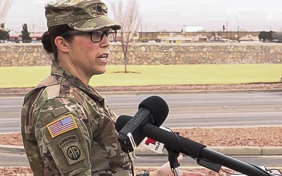 A video screen grab shows Lt. Col. Allie Payne, a Fort Bliss spokesperson, on Friday Jan. 29, 2021, giving an update on the 11 soldiers from the base who were injured after ingesting an unknown substance during a field training exercise.