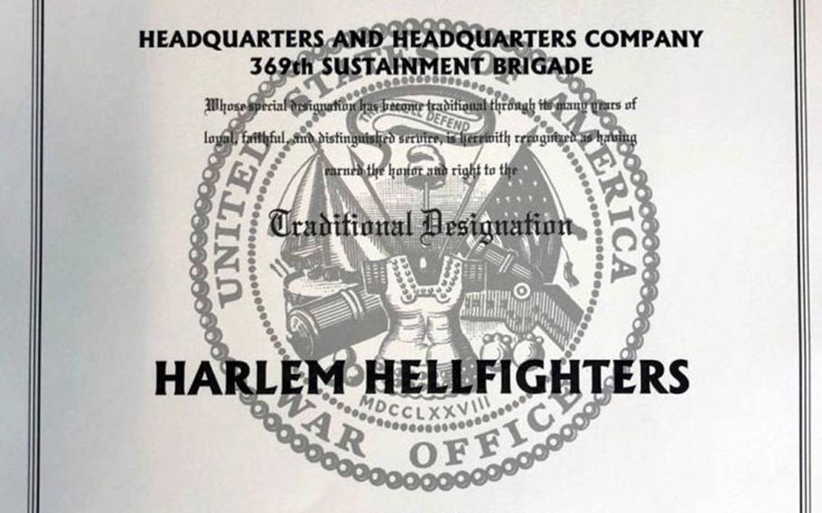 The certificate prepared by the U.S. Army Center of Military History at Fort McNair which makes official the nickname of Harlem Hellfighters, which the 369th Infantry Regiment and its descendents have used since World War I.

