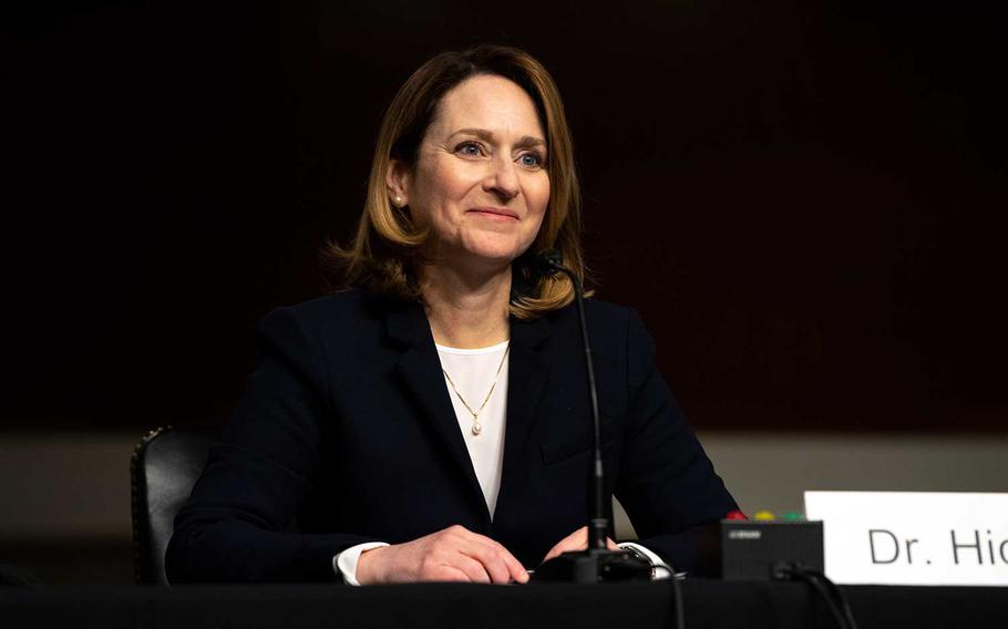 Deputy Secretary of Defense nominee Kathleen Hicks reacts to the start of her Senate confirmation hearing in Washington, D.C. Feb. 2, 2021.