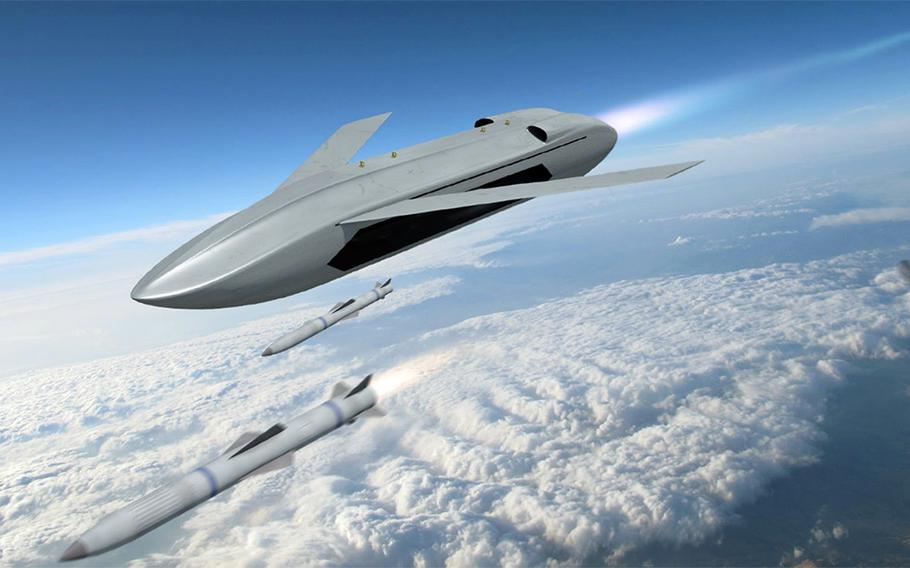 An artist's rendition of the Defense Advanced Research Projects Agency's Longshot Unmanned Air Vehicle concept. DARPA announced it has awarded contracts for the drone, which would be fired by combat aircraft while in flight.
