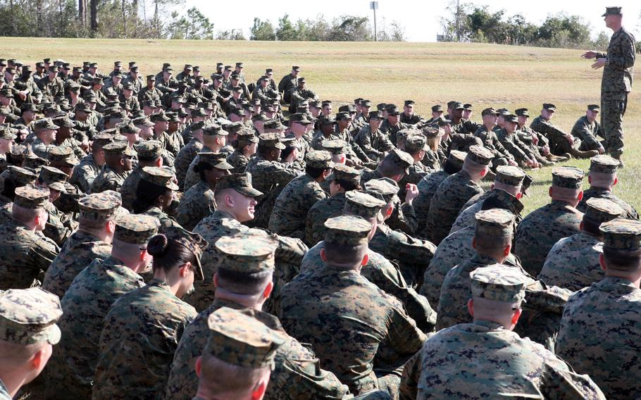 Col. Mark R. Hollahan, the 2nd Marine Logistics Group commanding officer, talks to sergeants from the 2nd MLG during a brief aboard Camp Lejeune, N.C., Feb. 15, 2012.  