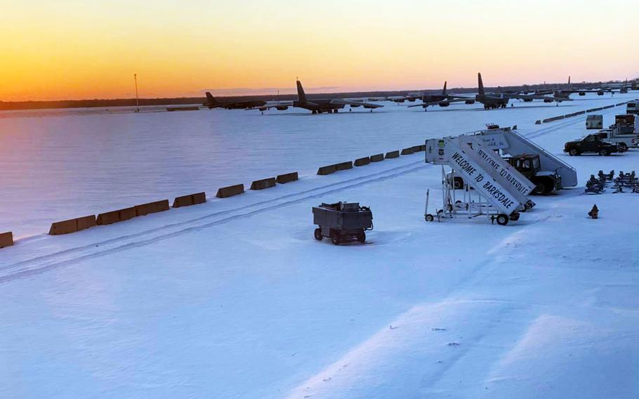 Barksdale Air Force Base near Bossier City, La., received a mixture of snow, sleet and freezing rain that closed the base Tuesday. It was one of at least a dozen military bases to close Tuesday as a winter storm swept across portions of the southern and eastern United States.