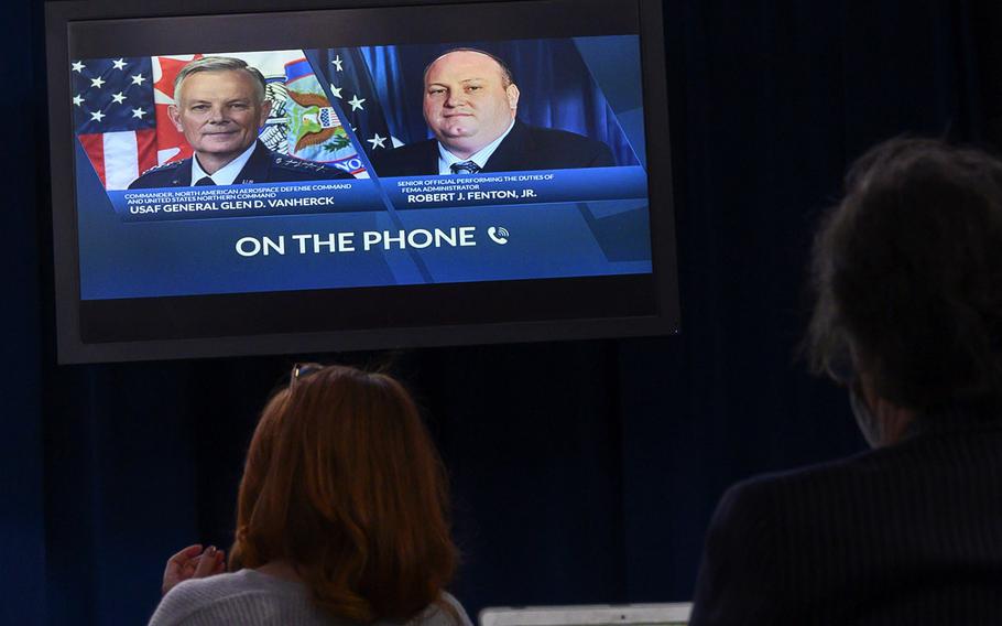 U.S. Northern Command Commander Gen. Glen VanHerck and Acting FEMA Administrator Robert Fenton conduct a press briefing via phone on the national COVID response, and support at community vaccination centers, as seen at the Pentagon on Feb. 16, 2021.