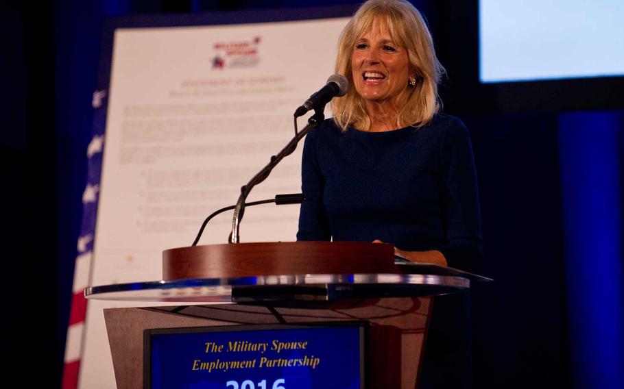 Dr. Jill Biden, the wife of then-Vice President Joe Biden, speaks at a Department of Defense Military Spouse Employment Partnership event in Washington, Oct. 17, 2016.  On Wednesday, First Lady Jill Biden held a listening session Wednesday as part of her plan to recommit to military families.