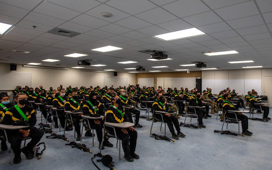 Trainees with 2nd Batallion, 60th Infantry Regiment participate in mindfulness practice as part of a pilot program, Dec. 9, 2020.

