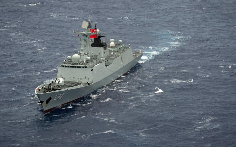 The Chinese multi-role frigate Hengshui steams in close formation with ships representing 13 nations during the Rim of the Pacific exercise in July 2016. China spent the second most on defense worldwide in 2020, after the U.S., according to an International Institute for Strategic Studies report released Feb. 25, 2021.   