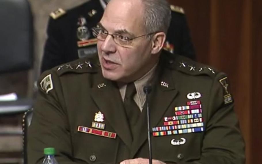 Gen. Gustave F. Perna , chief operating officer of the federal COVID-19 response for vaccine and therapeutics, answers a question at a Senate Armed Services Committee hearing, Feb. 25, 2021.