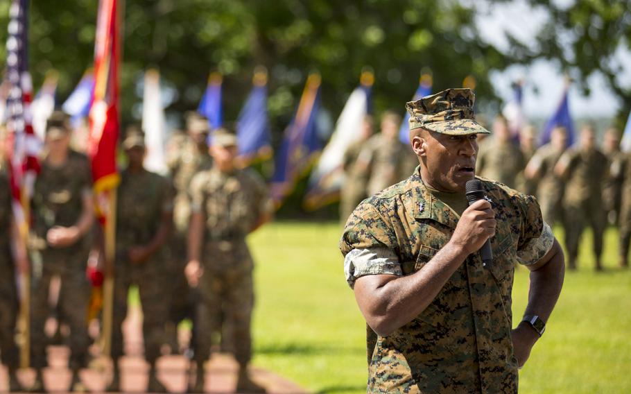 Marine Corps Maj. Gen. Michael E. Langley speaks during the 2nd Marine Expeditionary Brigade relinquishment of command ceremony on Camp Lejeune, N.C., May 23, 2018. Langley now commands U.S. Marine Forces Europe and Africa.   

