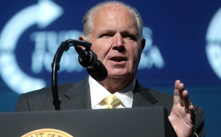 Conservative talk radio host Rush Limbaugh introduces President Donald Trump at the Turning Point USA Student Action Summit in West Palm Beach, Fla., Dec. 21, 2019. Not everyone is happy that American Forces Network is airing a compilation of late conservative radio host Rush Limbaugh’s programming in the wake of his death last month.