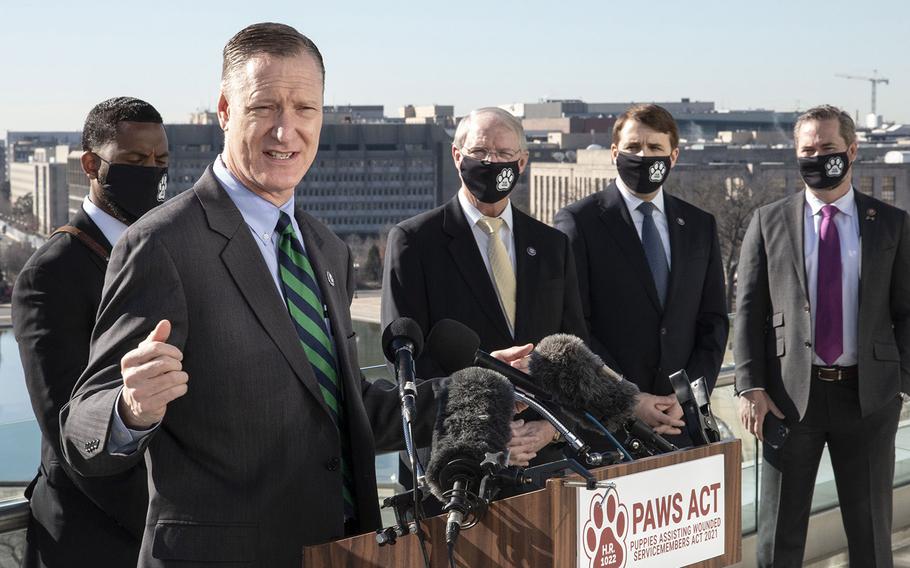 Rep. Steve Stivers, R-Ohio, speaks at a Capitol Hill news conference to promote House bill, H.R. 1022, the Puppies Assisting Wounded Servicemembers (PAWS) Act, March 3, 2021. Behind him are, left to right, veteran David Crenshaw, Rep. John Rutherford, R-Fla., Rep. Chris Pappas, D-N.H. and Rep. Michael Waltz, R-Fla.