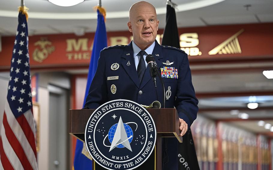 Chief of Space Operations Gen. John W. Raymond delivers remarks during a ceremony unveiling the newly decorated Space Force hallway at the Pentagon, Arlington, Va., on Dec. 18, 2020. The ceremony celebrated Space Force's first birthday, which officially occurs Dec. 20.